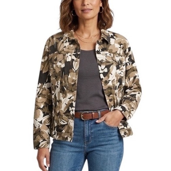 Chico's Jackets & Blazers - Chico's Floral Camo Denim Utility Jacket 3 16/18 Green Tan Neutral Travell NWT
